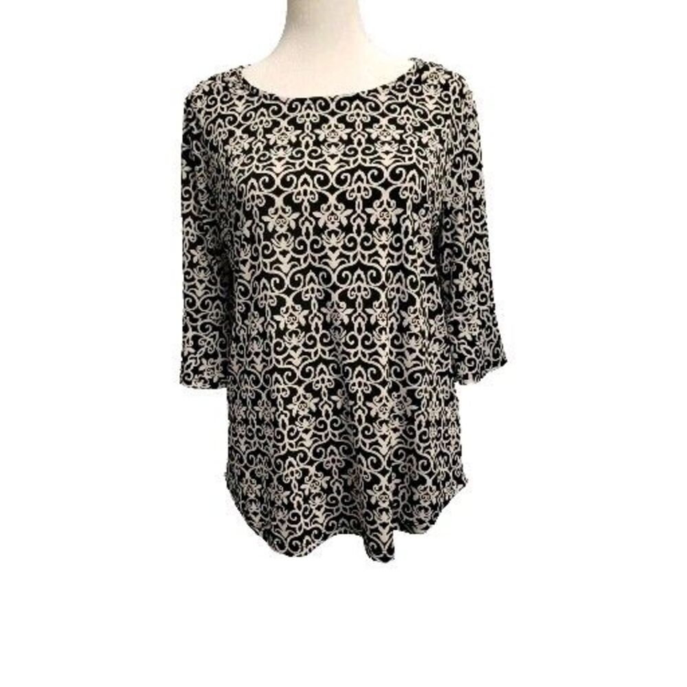 Roz & Ali Blouse Womens Medium Tunic Half Bell Sleeve Black And White